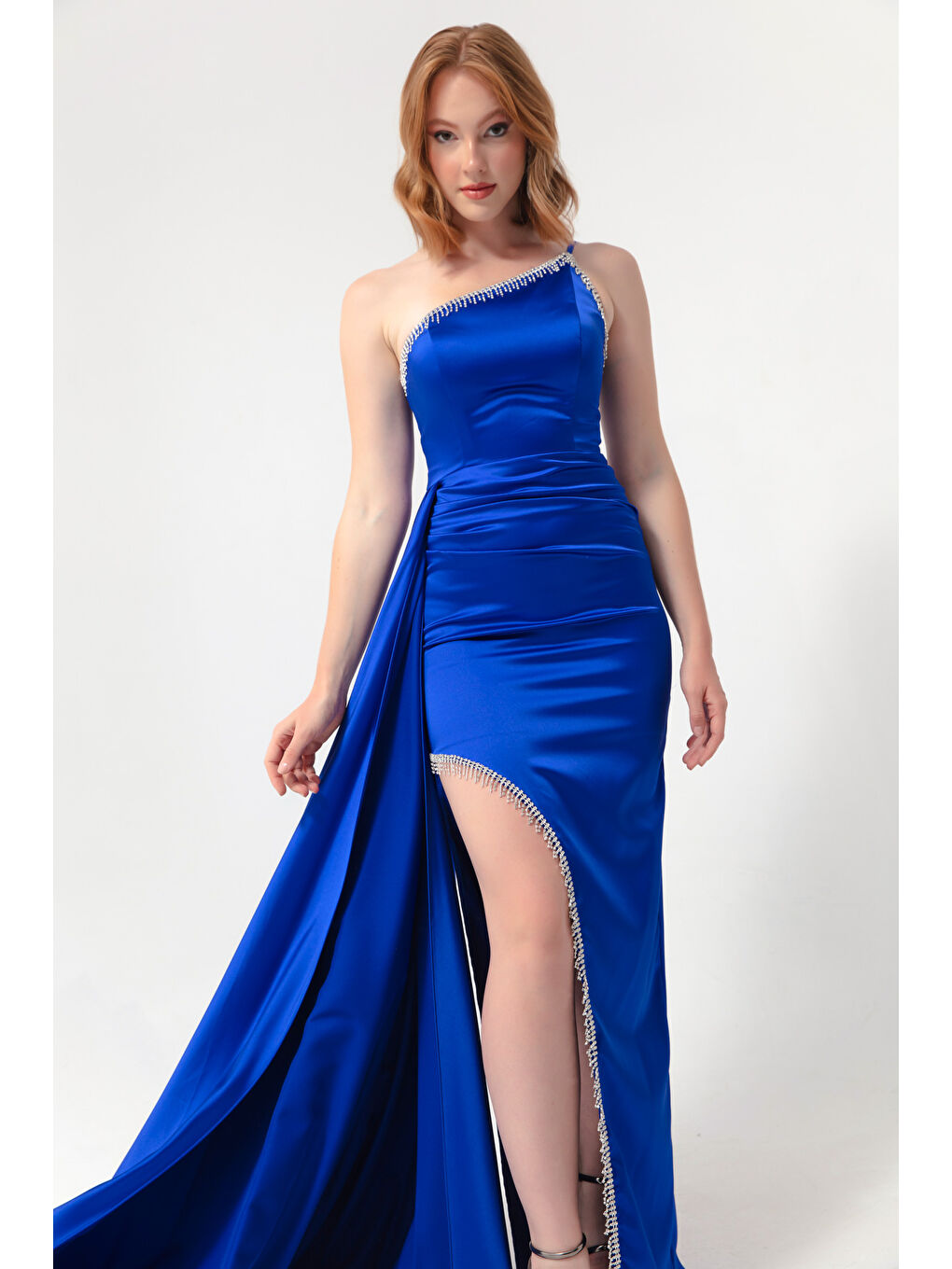 Mavi Kadın Saks Tek Omuzlu Taşlı Uzun Saten Abiye Elbise-1