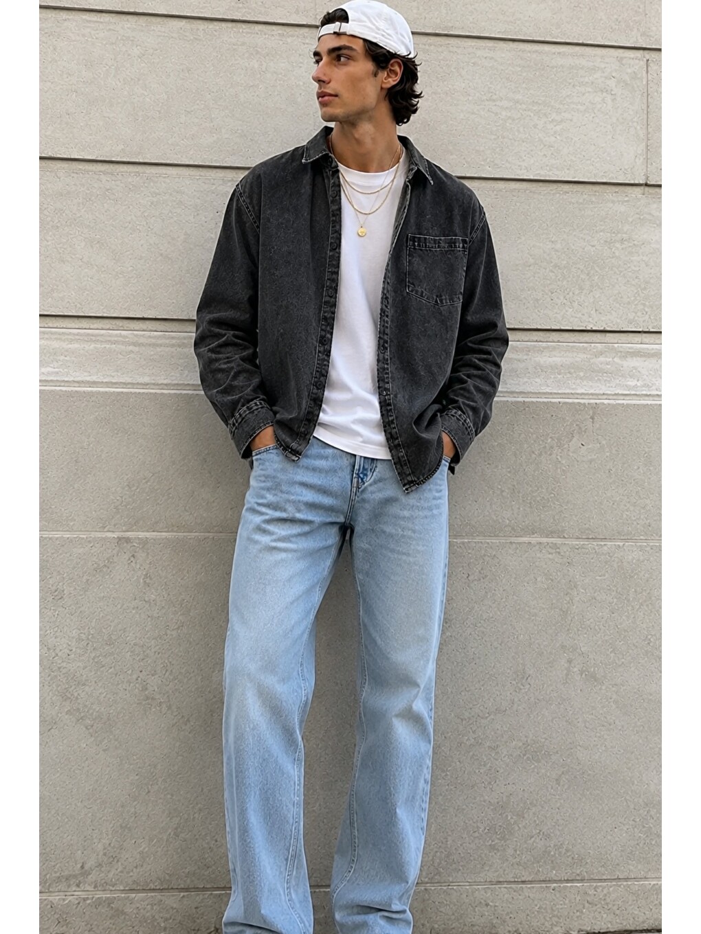 Gri Erkek Regular Denim Gömlek – Yıkamalı Jean Uzun Kollu Cepli Jean Gömlek-1