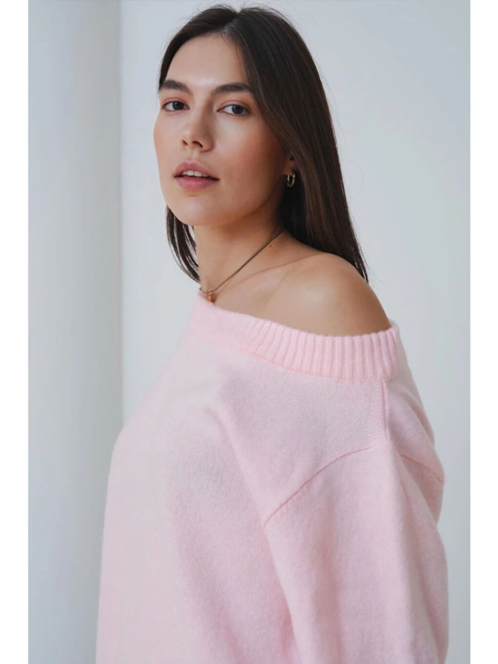 Pembe Asimetrik Yaka Oversize Triko Kazak-2