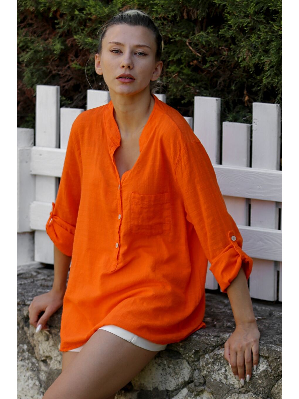Turuncu Hakim Yaka Düğmeli Uzun Kollu Düğmeli Cepli Yıkamalı Dokuma Casual Pamuklu Bluz-2