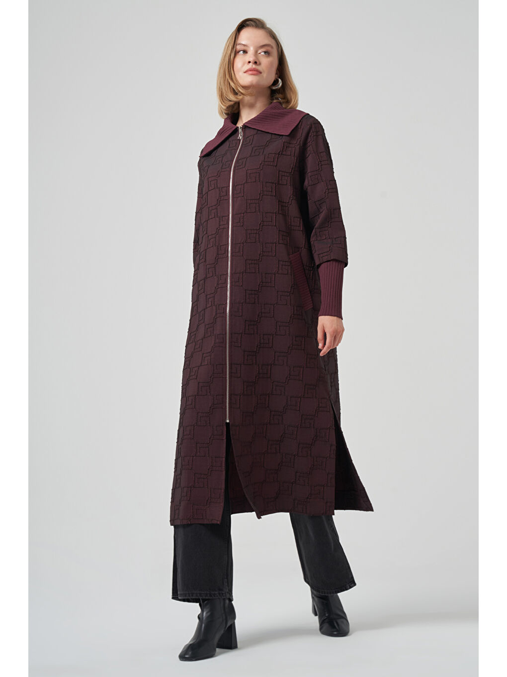 Kemer Detay Uzun Kap Ceket Pardesü 6004 Bordo-2