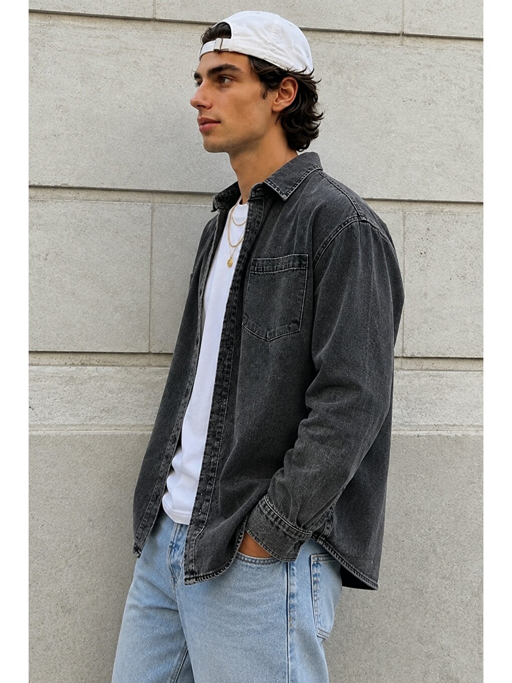 Gri Erkek Regular Denim Gömlek – Yıkamalı Jean Uzun Kollu Cepli Jean Gömlek-2