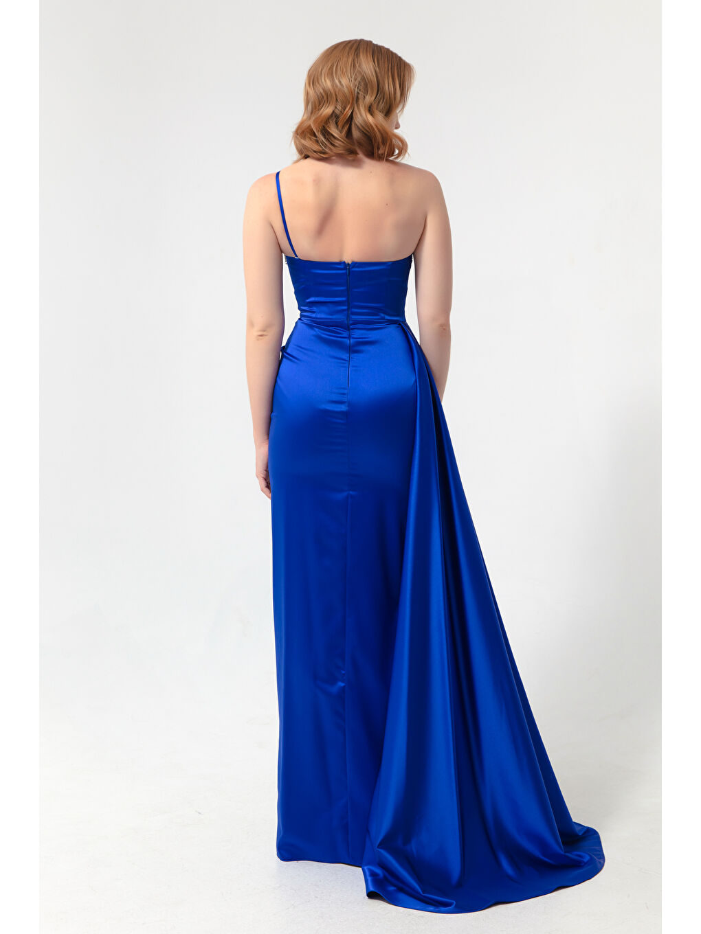 Mavi Kadın Saks Tek Omuzlu Taşlı Uzun Saten Abiye Elbise-4