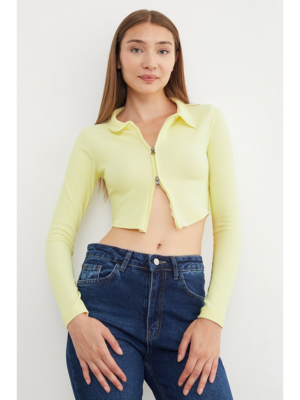 Sarı Çift Fermuarlı Polo Yaka Bluz-2