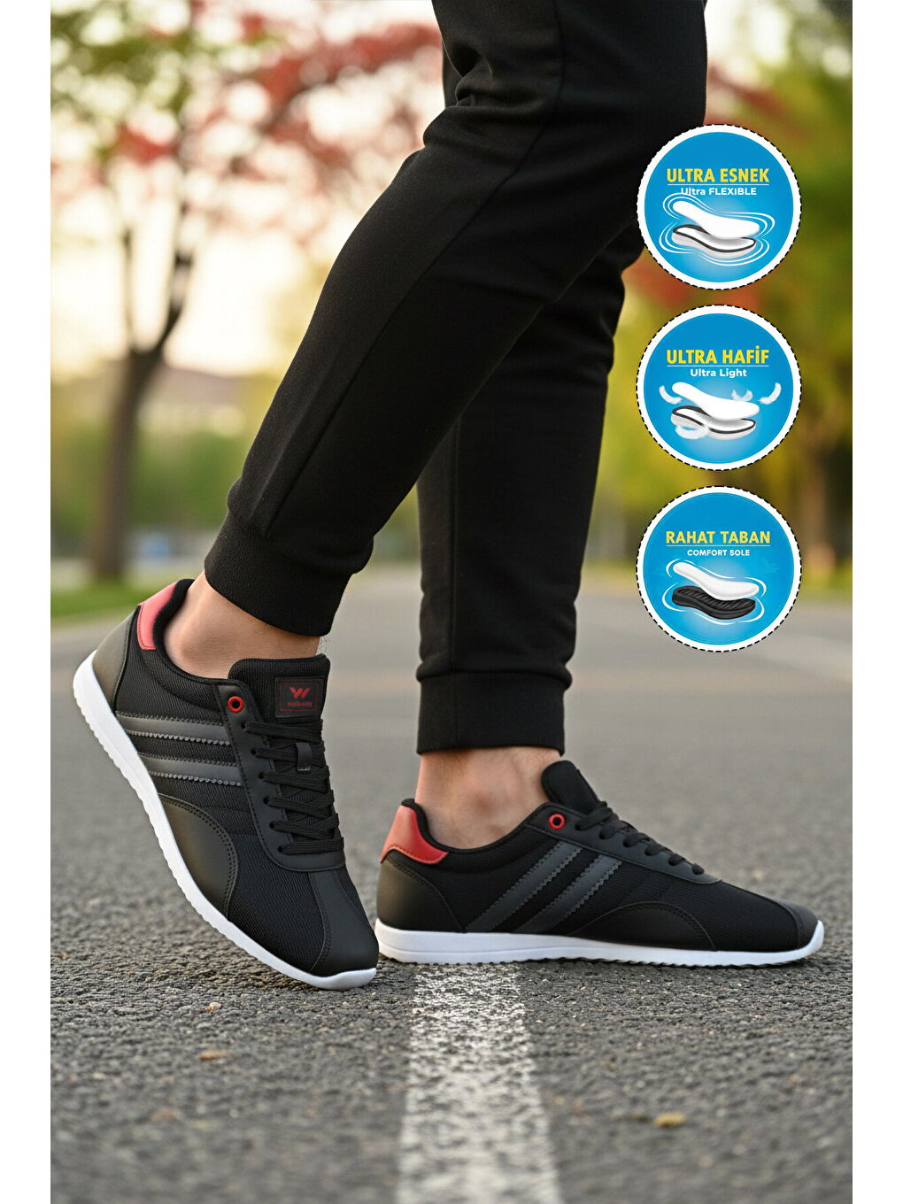 Siyah Beyaz Bağcıklı Hafif Erkek Spor Ayakkabı 2001 Tares M-2