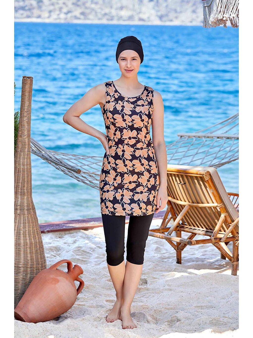 Turuncu Çiçek Desenli Sıfır Kol 4 Lü Tesettür Mayo