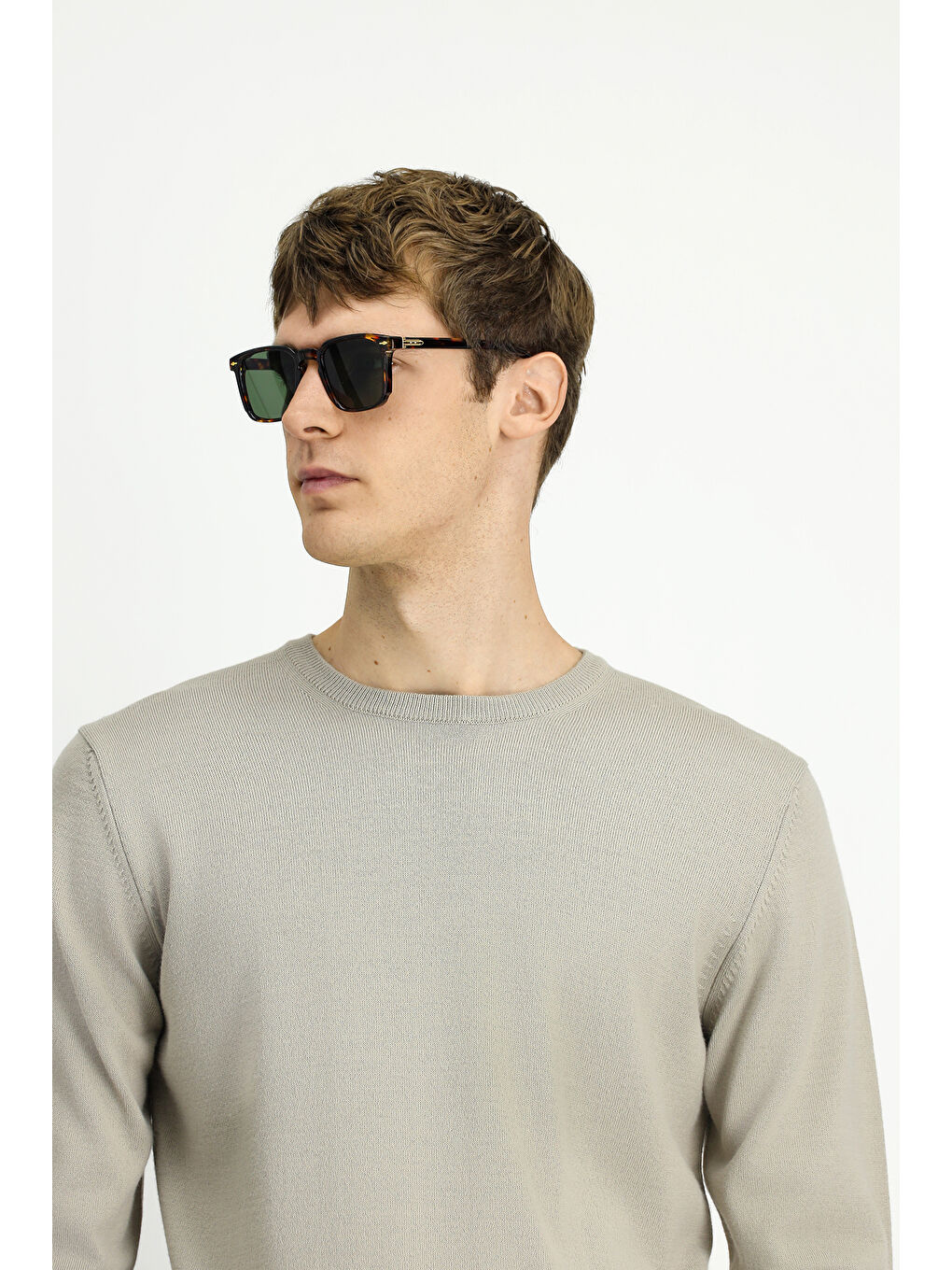 Bej Bisiklet Yaka Regular Fit Yünlü Örme Triko Kazak-2