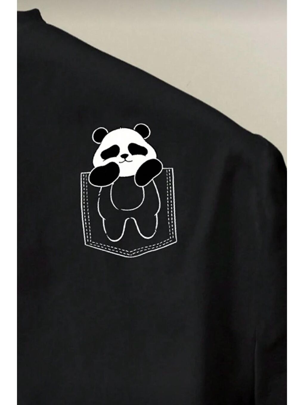 Siyah Cepte Panda Baskılı Oversize Unisex Pamuklu Tişört Battal Büyük Beden Tshirt-1