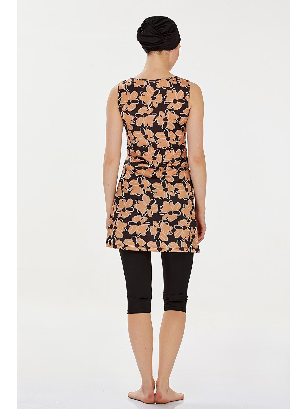 Turuncu Çiçek Desenli Sıfır Kol 4 Lü Tesettür Mayo-1