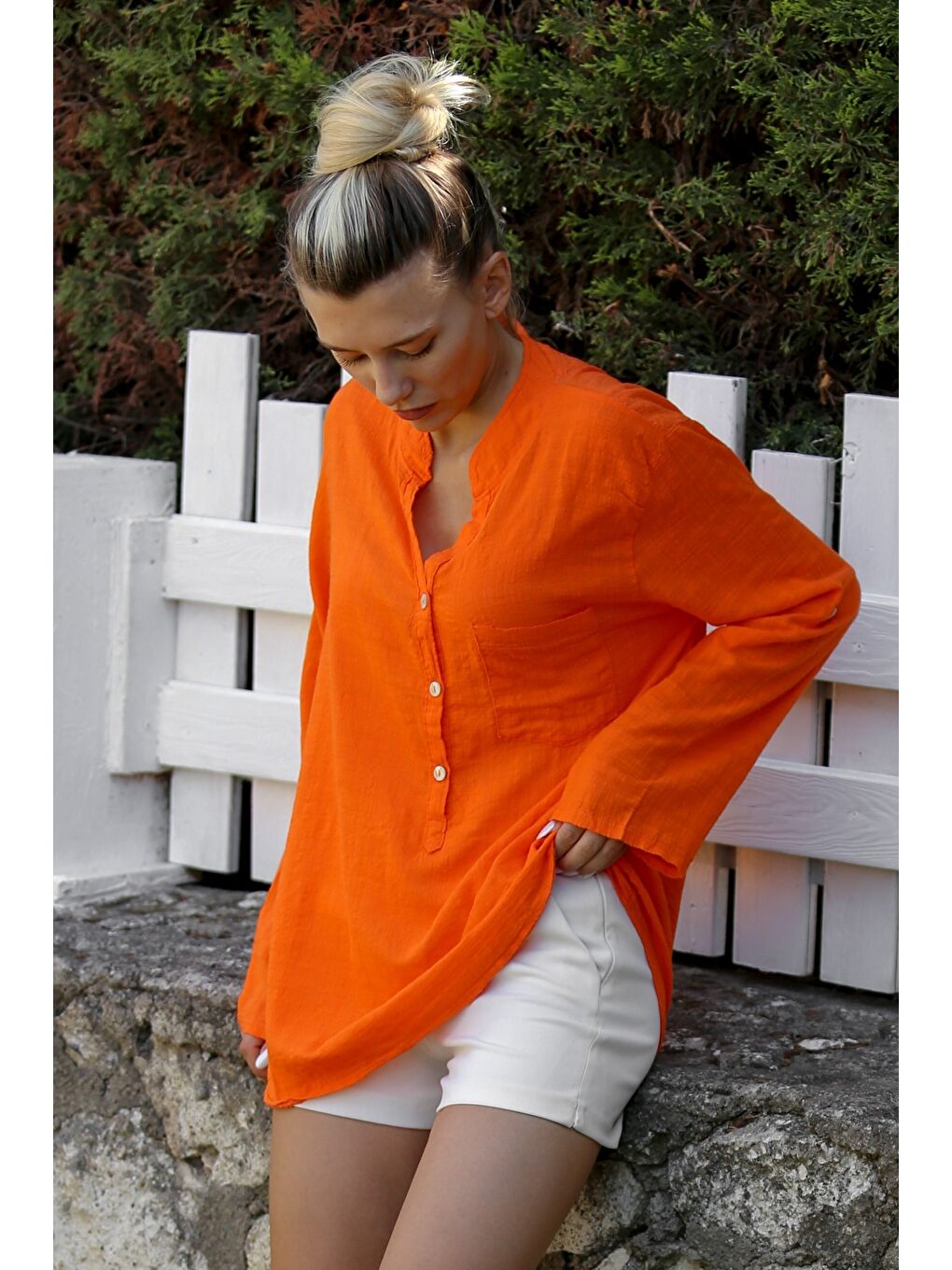 Turuncu Hakim Yaka Düğmeli Uzun Kollu Düğmeli Cepli Yıkamalı Dokuma Casual Pamuklu Bluz-5