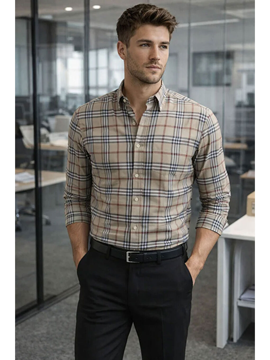 Bej Erkek Ekose Slim Fit Gömlek Uzun Kollu Pamuklu Günlük & Casual Gömlek