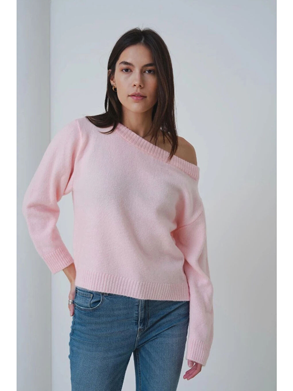 Pembe Asimetrik Yaka Oversize Triko Kazak-3