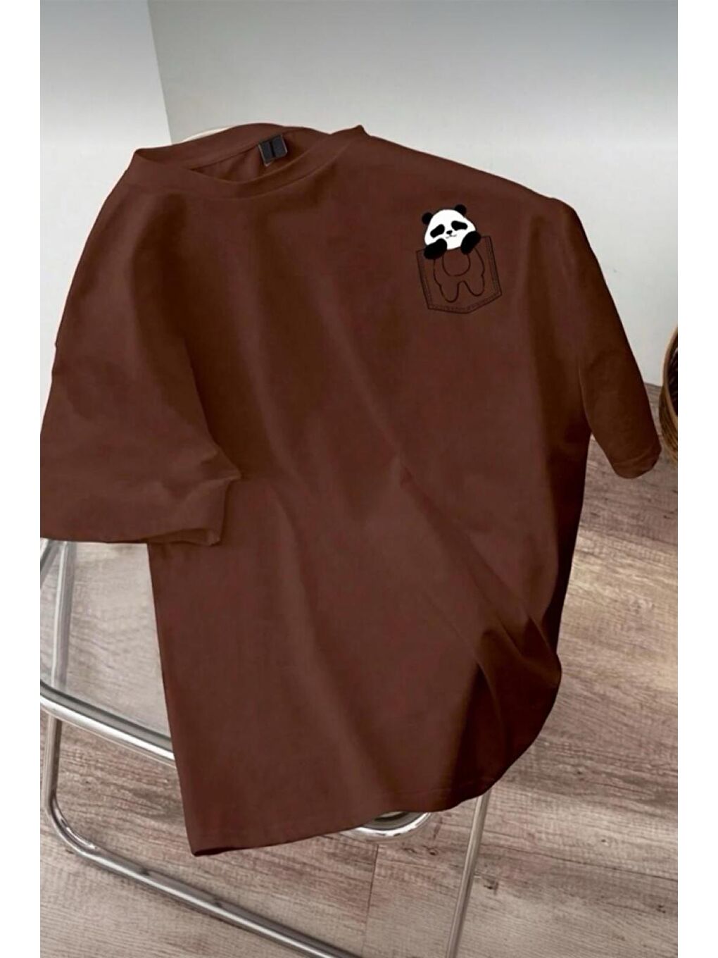 Kahverengi Cepte Panda Baskılı Oversize Unisex Pamuklu Tişört Battal Büyük Beden Tshirt