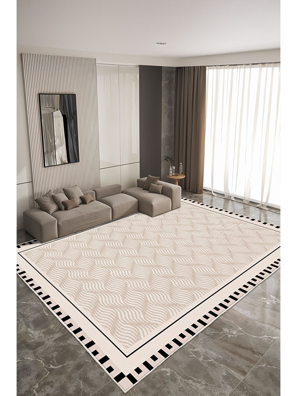 Ekru Modern Dekoratif Yıkanabilir Kaymaz Taban Halı – İnce, Yumuşak Salon Halısı, Mutfak Halısı ve Yolluk-3