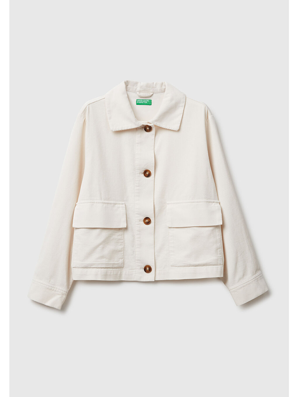 Ekru Kadın Krem %100 Pamuk Cepli Düğmeli Gömlek Yaka Ceket-1