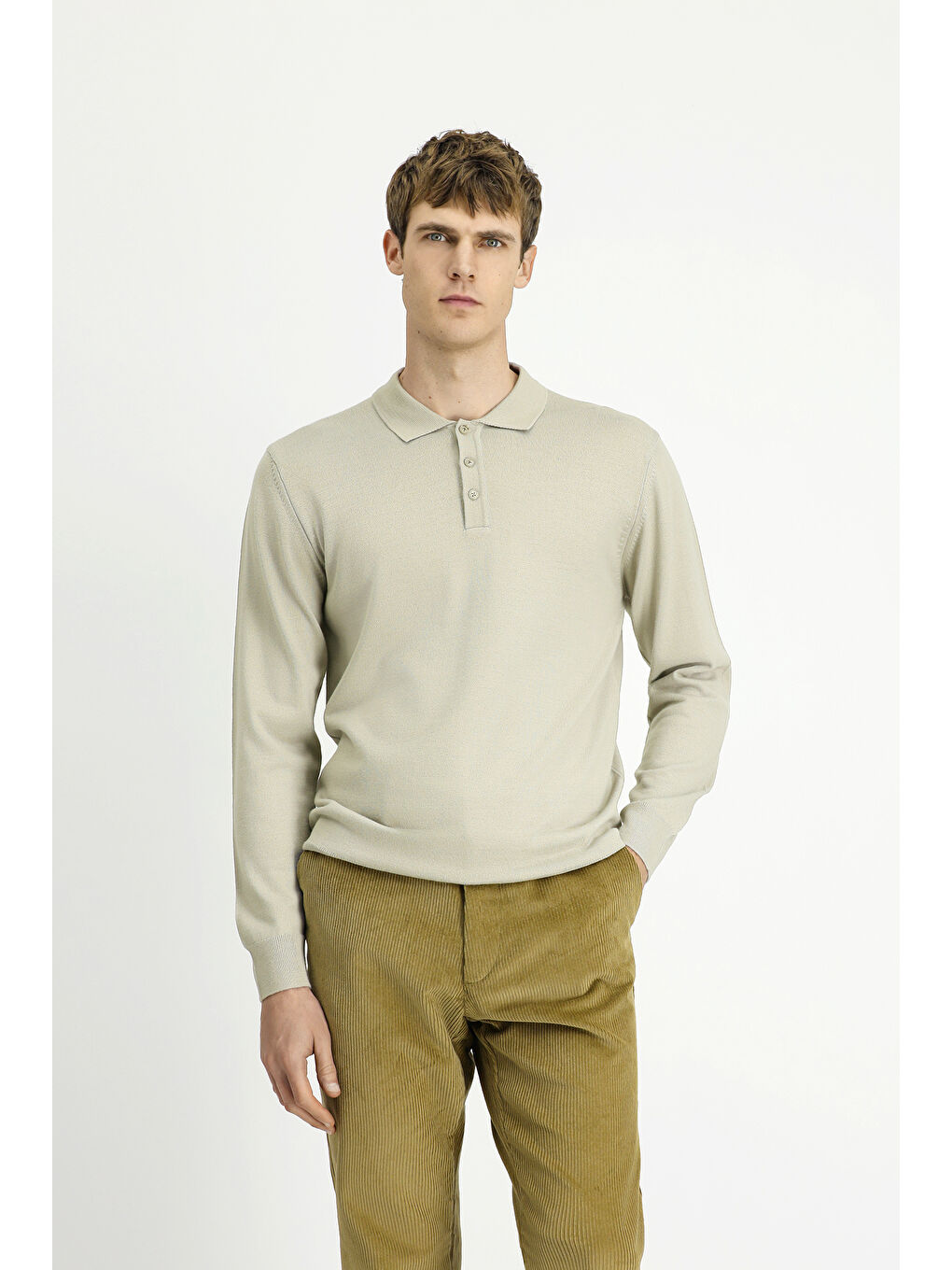 Bej Polo Yaka Düğmeli Regular Fit Sıcak Tutan Yünlü Triko Kazak-1