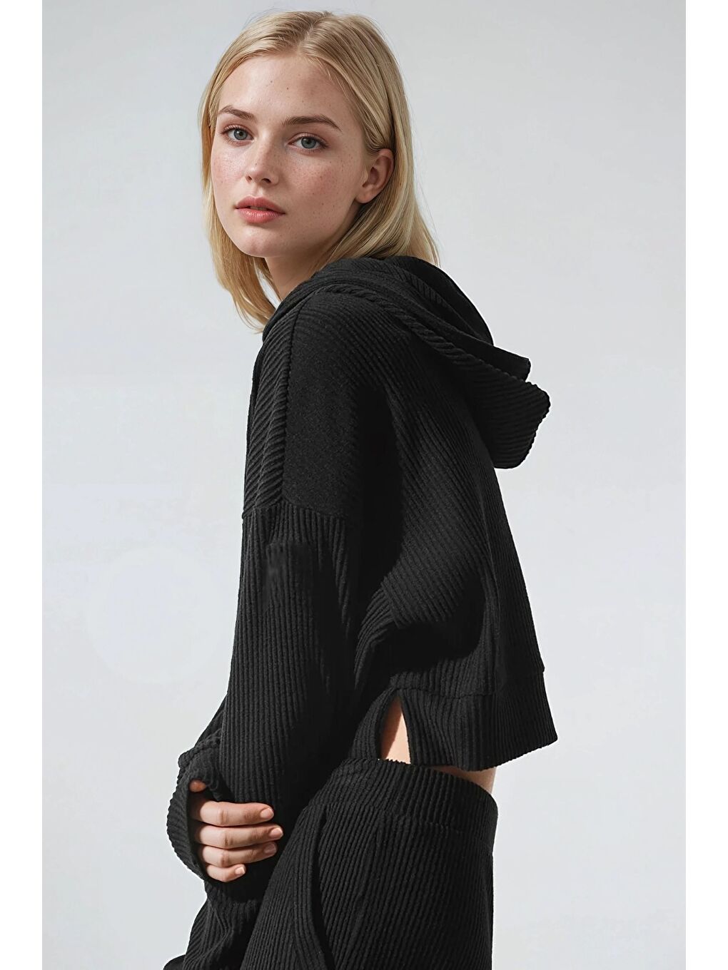 Siyah Modal Kumaş Ribana Detay Eşofman Takımı-2