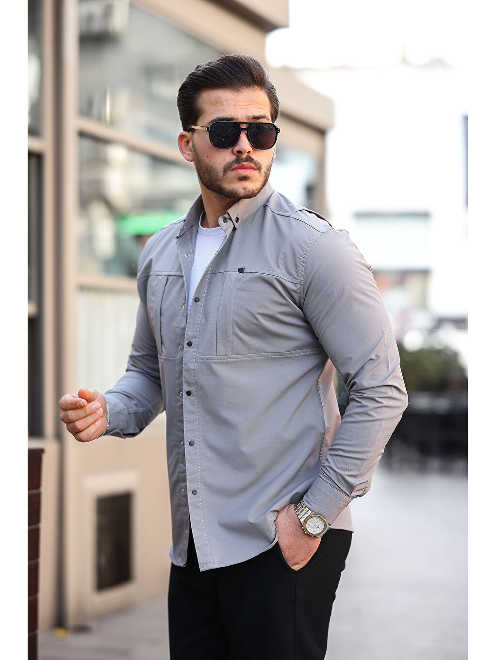 Gri Erkek Gizli Cep Paraşüt Kumaş Gömlek-1
