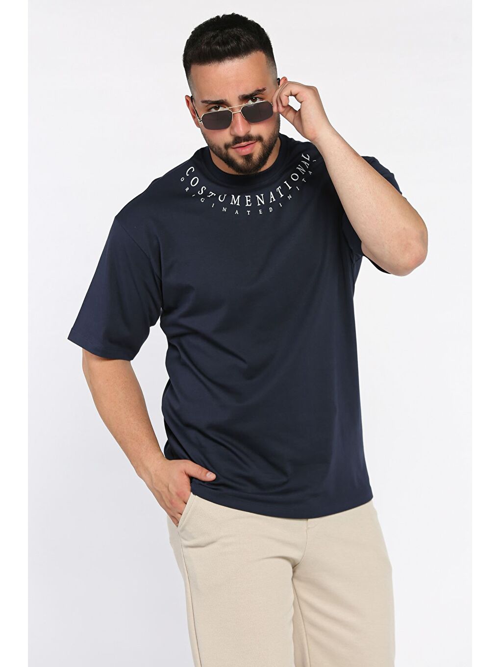 Lacivert Erkek Yaka Baskılı Oversize Tişört-1