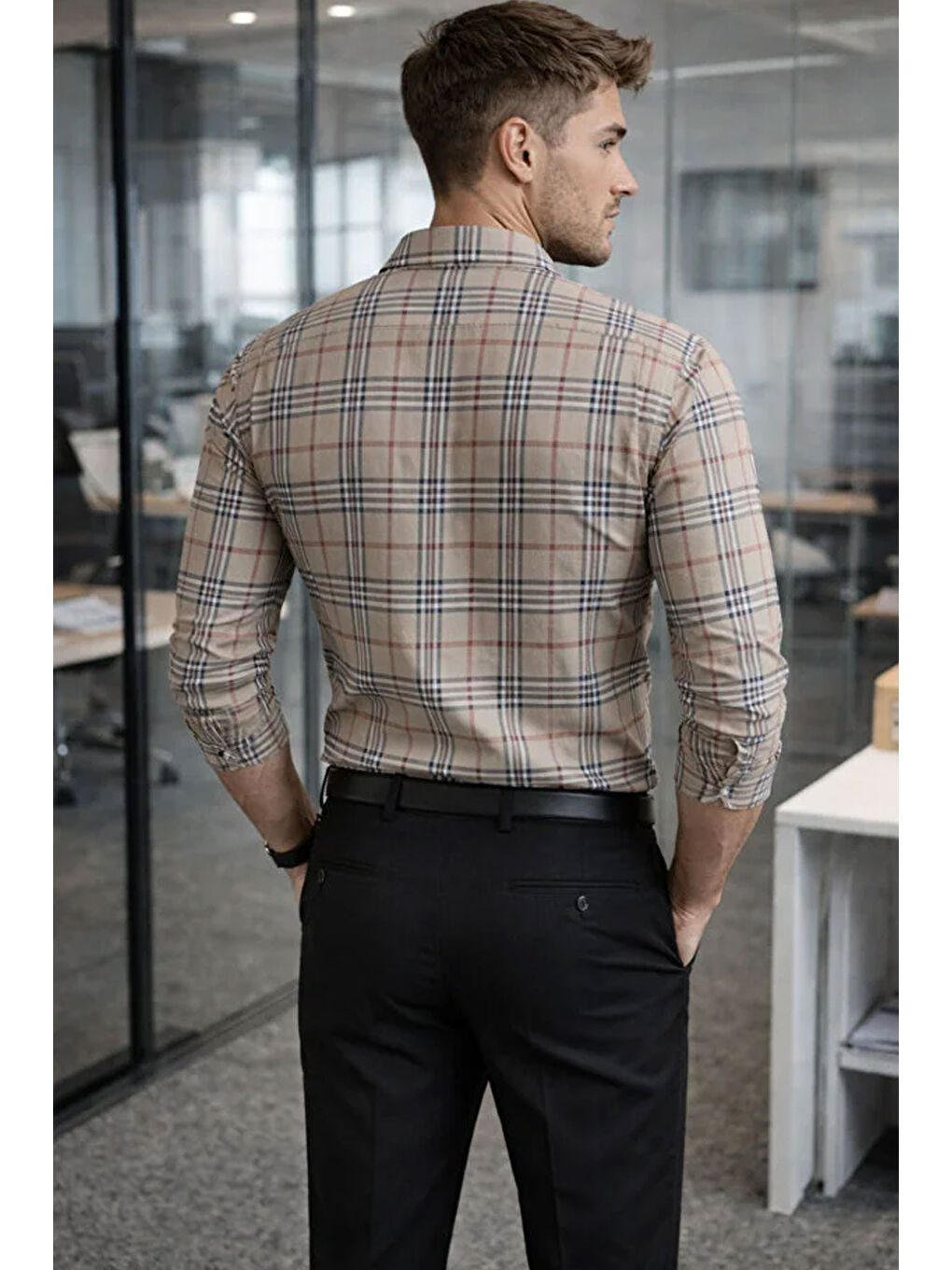 Bej Erkek Ekose Slim Fit Gömlek Uzun Kollu Pamuklu Günlük & Casual Gömlek-1