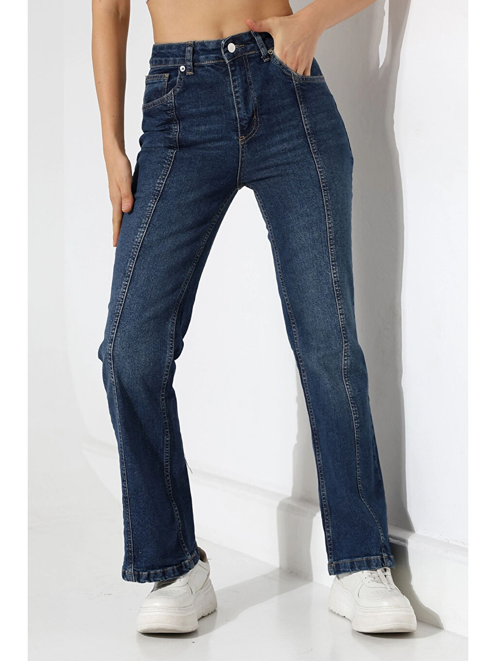 Lacivert Yüksek Bel İspanyol Paça Jean Pantolon-3