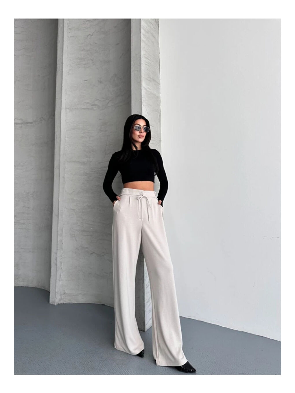 Ekru Modal Kumaş Bel Detay Pantalon Krem-1