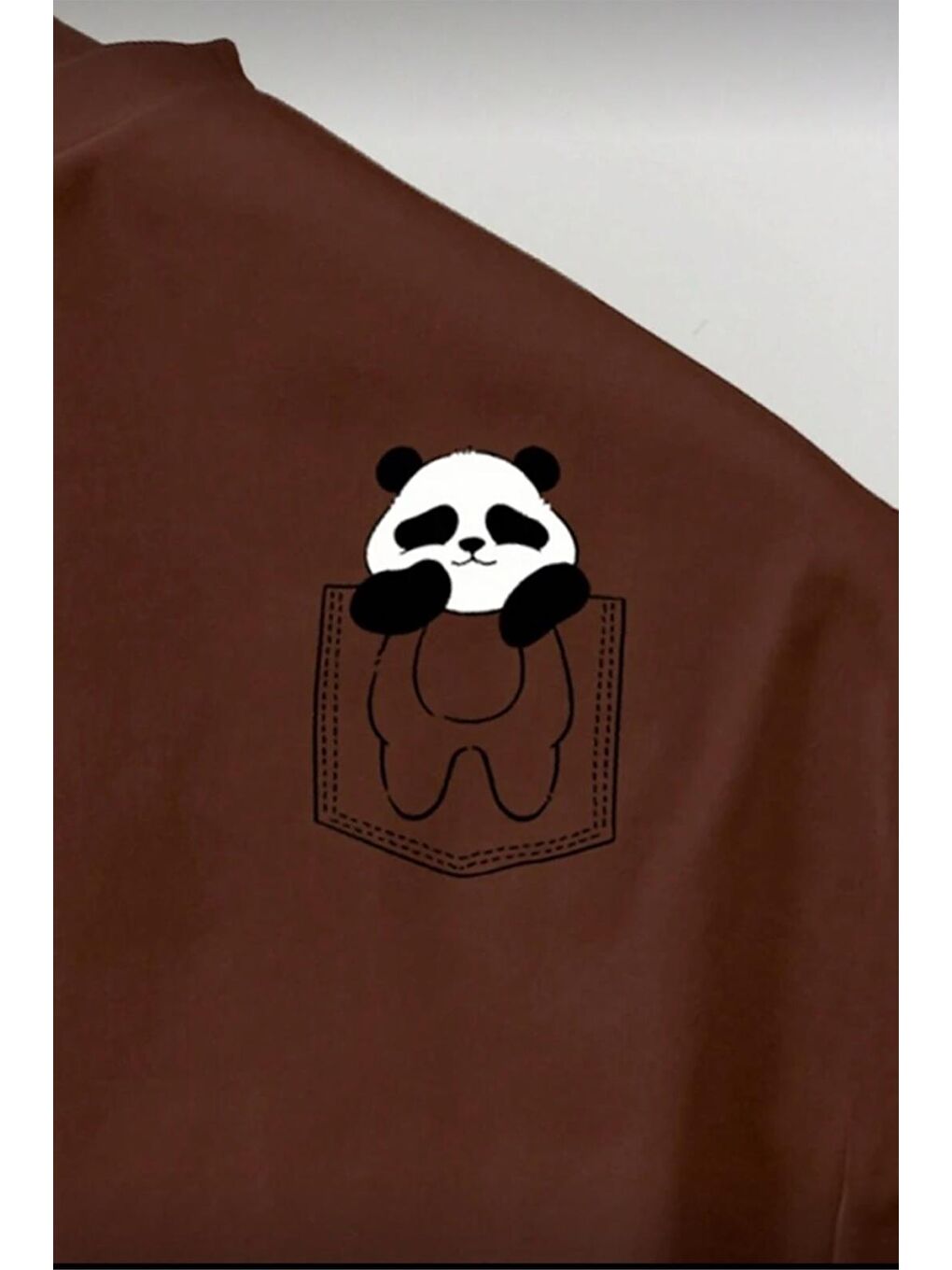 Kahverengi Cepte Panda Baskılı Oversize Unisex Pamuklu Tişört Battal Büyük Beden Tshirt-1