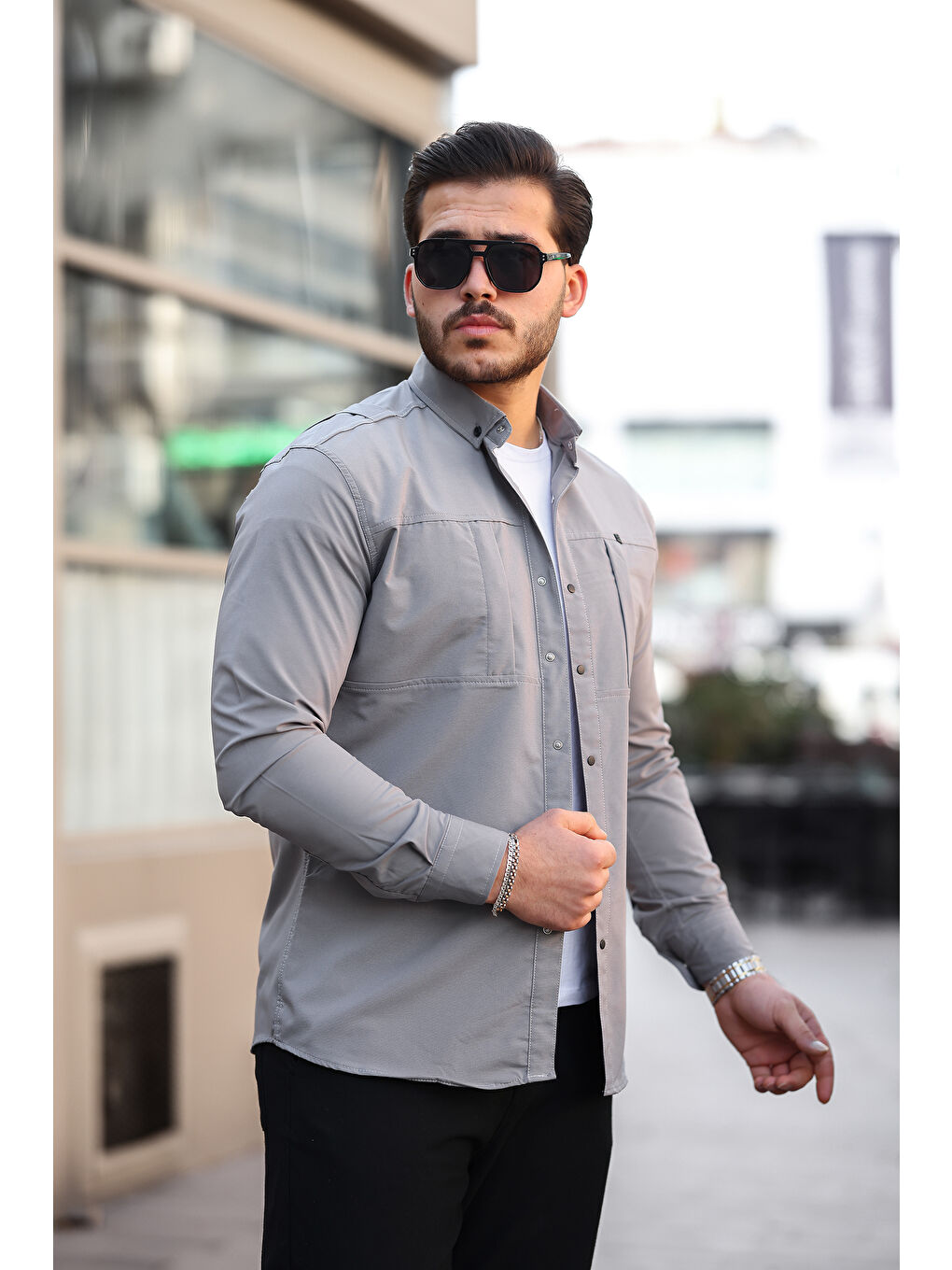 Gri Erkek Gizli Cep Paraşüt Kumaş Gömlek-2