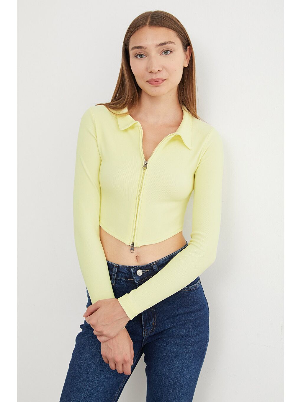 Sarı Çift Fermuarlı Polo Yaka Bluz-4