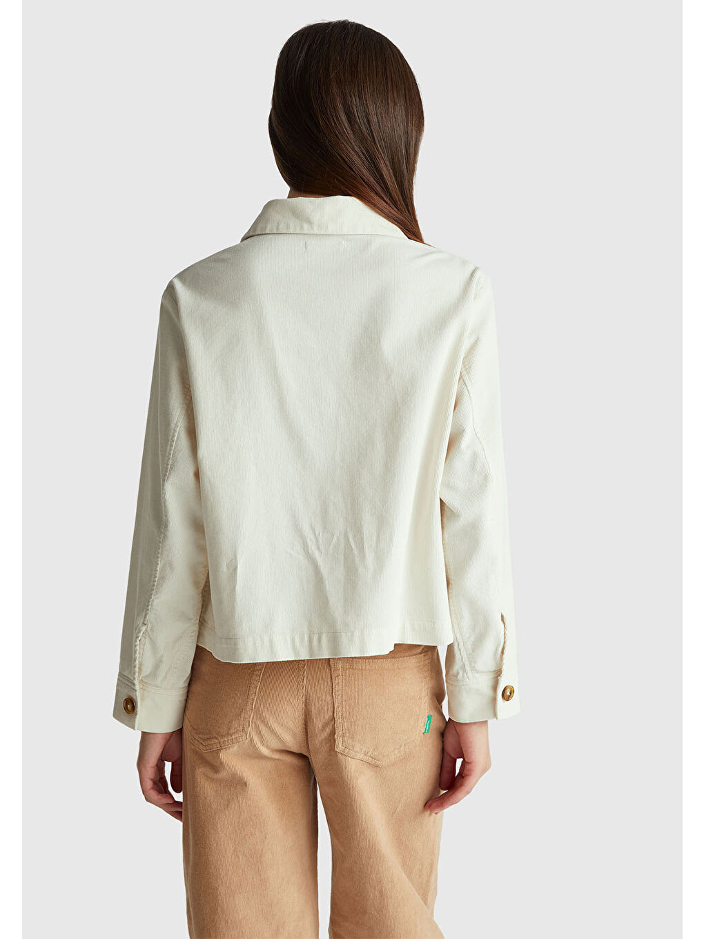 Ekru Kadın Krem %100 Pamuk Cepli Düğmeli Gömlek Yaka Ceket-2