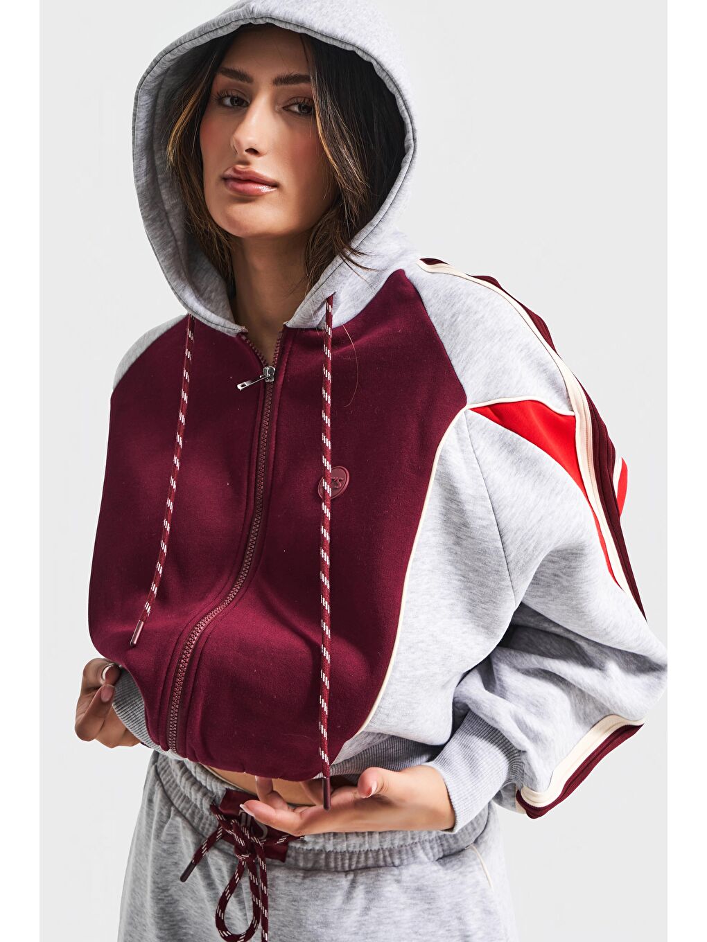 Kadın Gri Bordo Renk w5-107 Örme Kumaş Alt Üst 2'li Kombin Tasarım Eşofman Takım-3