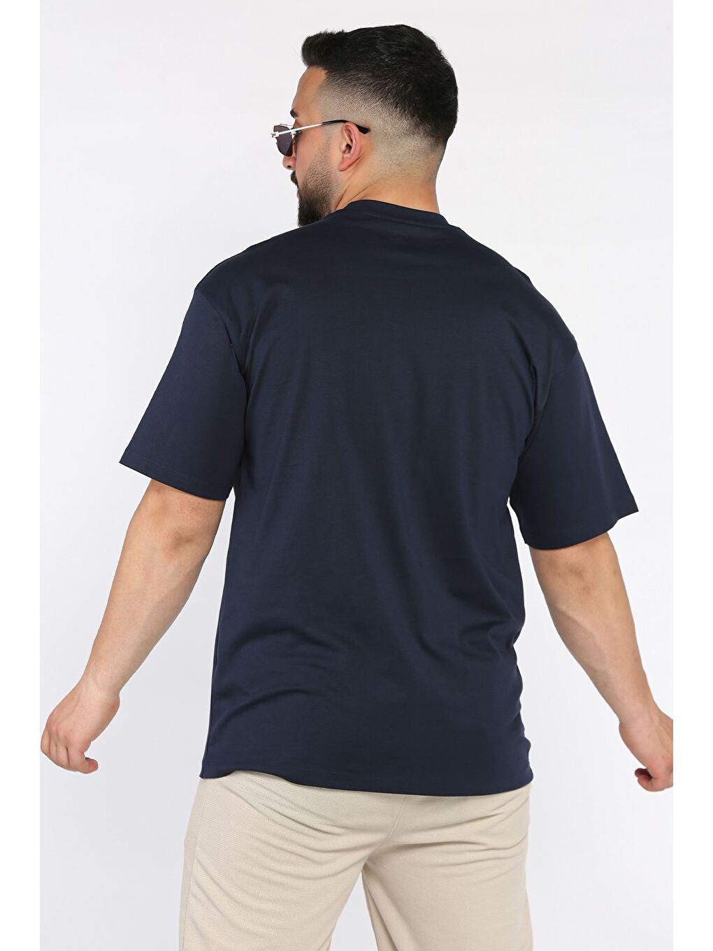Lacivert Erkek Yaka Baskılı Oversize Tişört-2