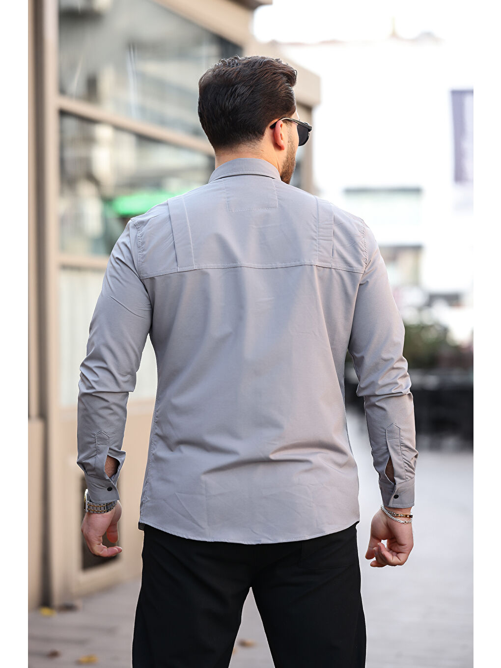 Gri Erkek Gizli Cep Paraşüt Kumaş Gömlek-3