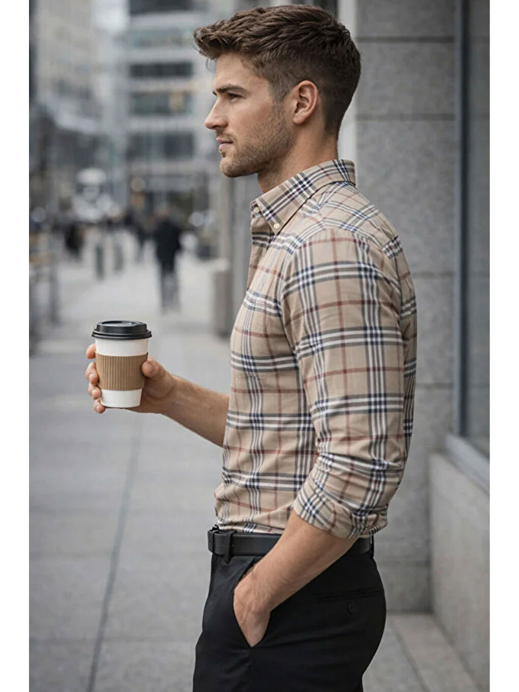 Bej Erkek Ekose Slim Fit Gömlek Uzun Kollu Pamuklu Günlük & Casual Gömlek-2