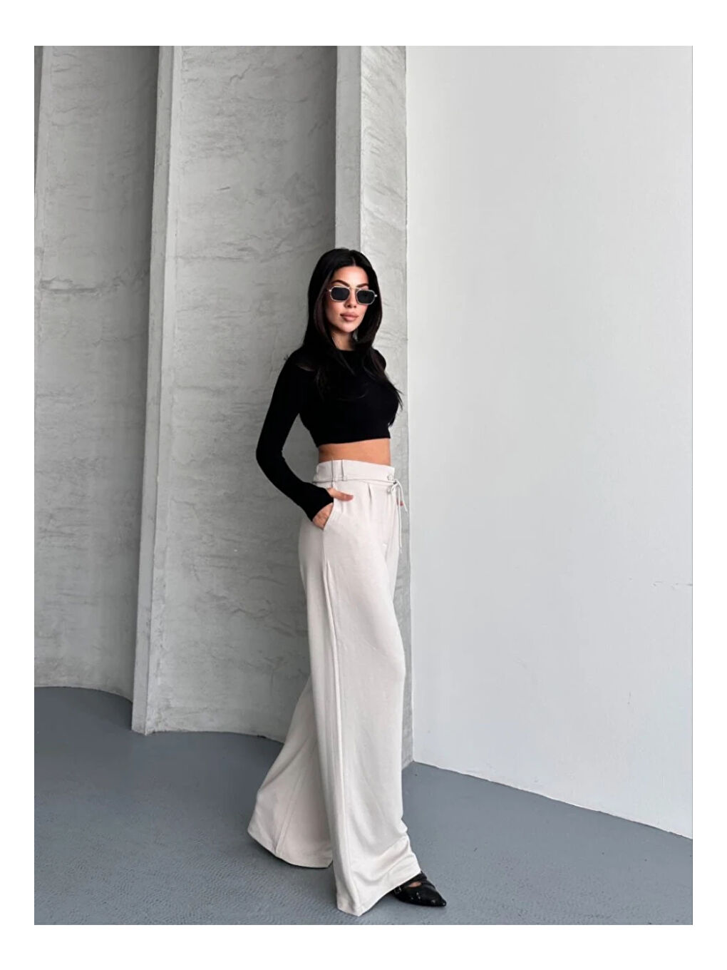 Ekru Modal Kumaş Bel Detay Pantalon Krem-2