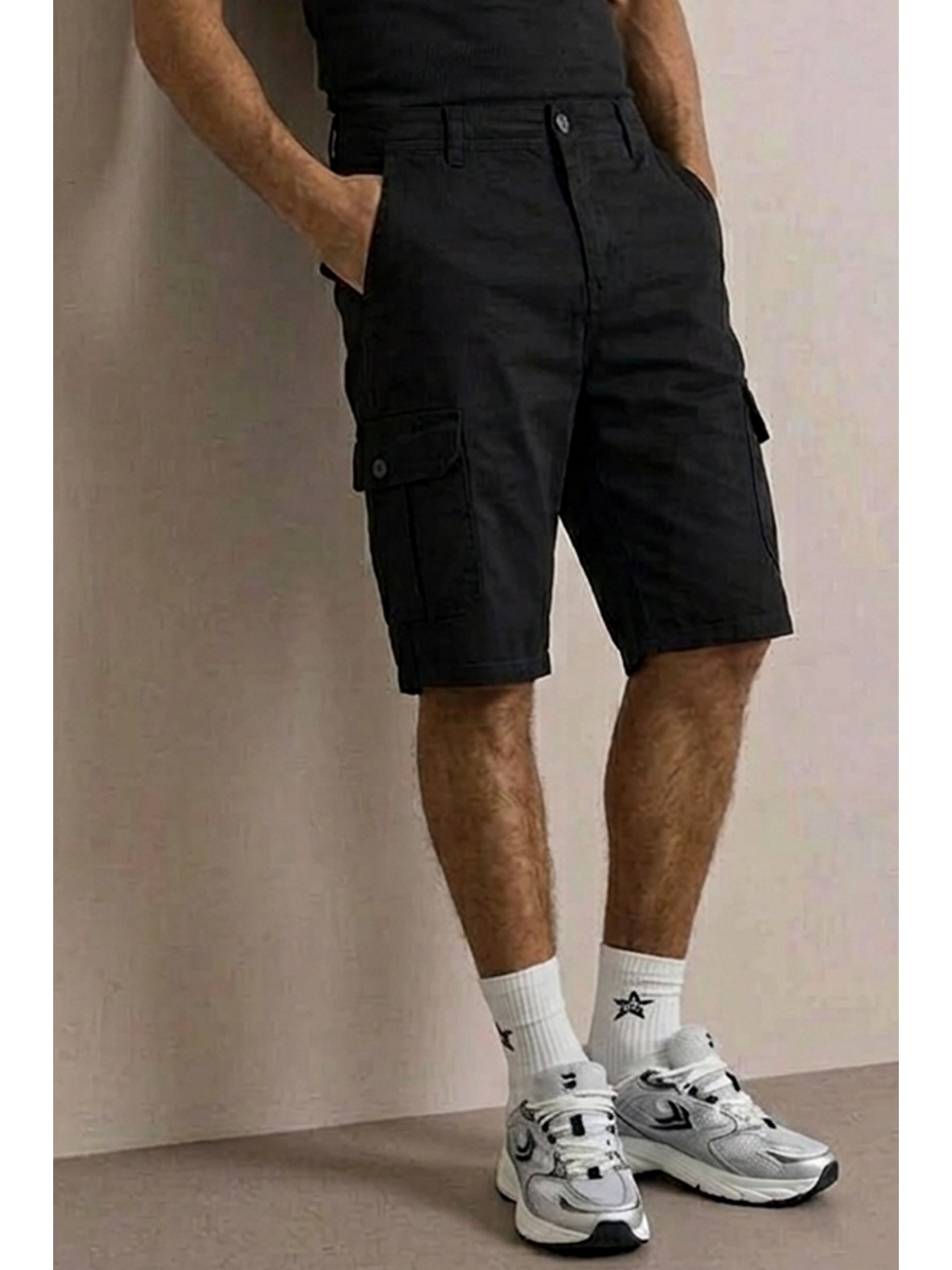 Erkek Preimium Kargo Cepli Siyah Uzun Kapri Şort-5