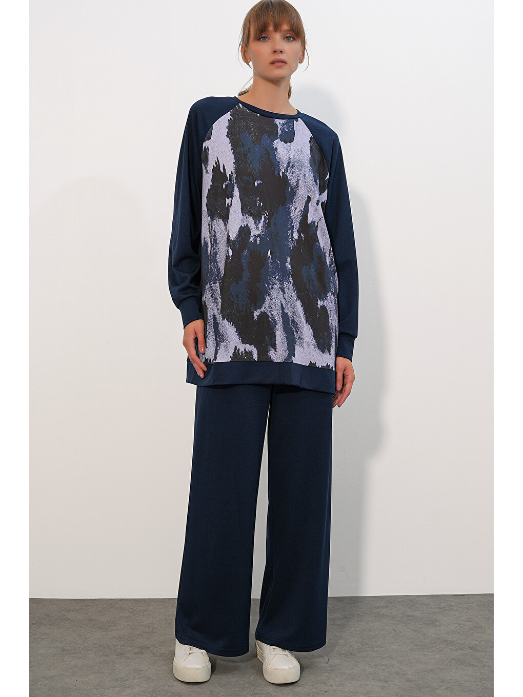 Kadın Desenli Oversize Tunik Pantolon İkili Takım 55462 - Lacivert