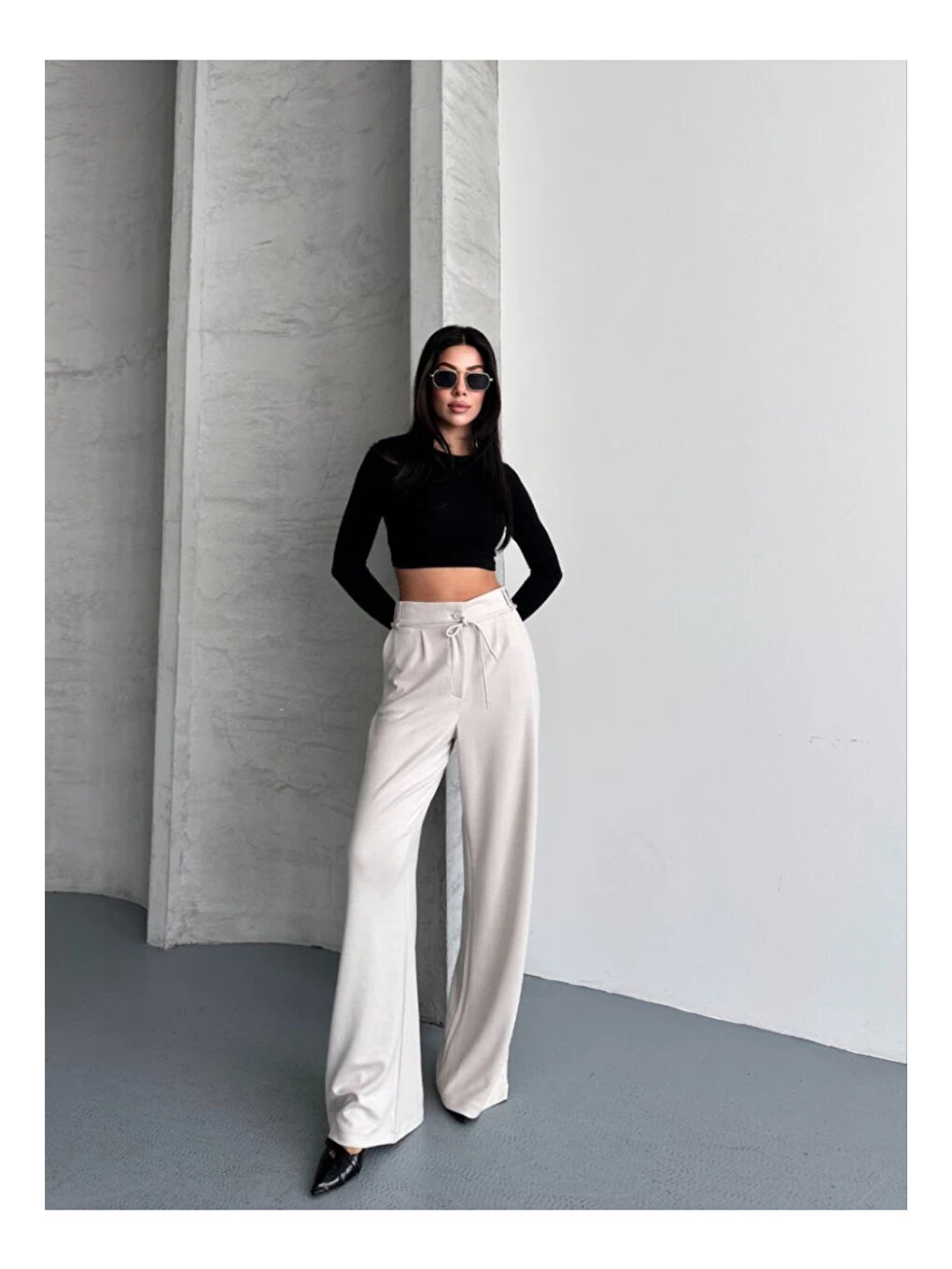 Ekru Modal Kumaş Bel Detay Pantalon Krem-3