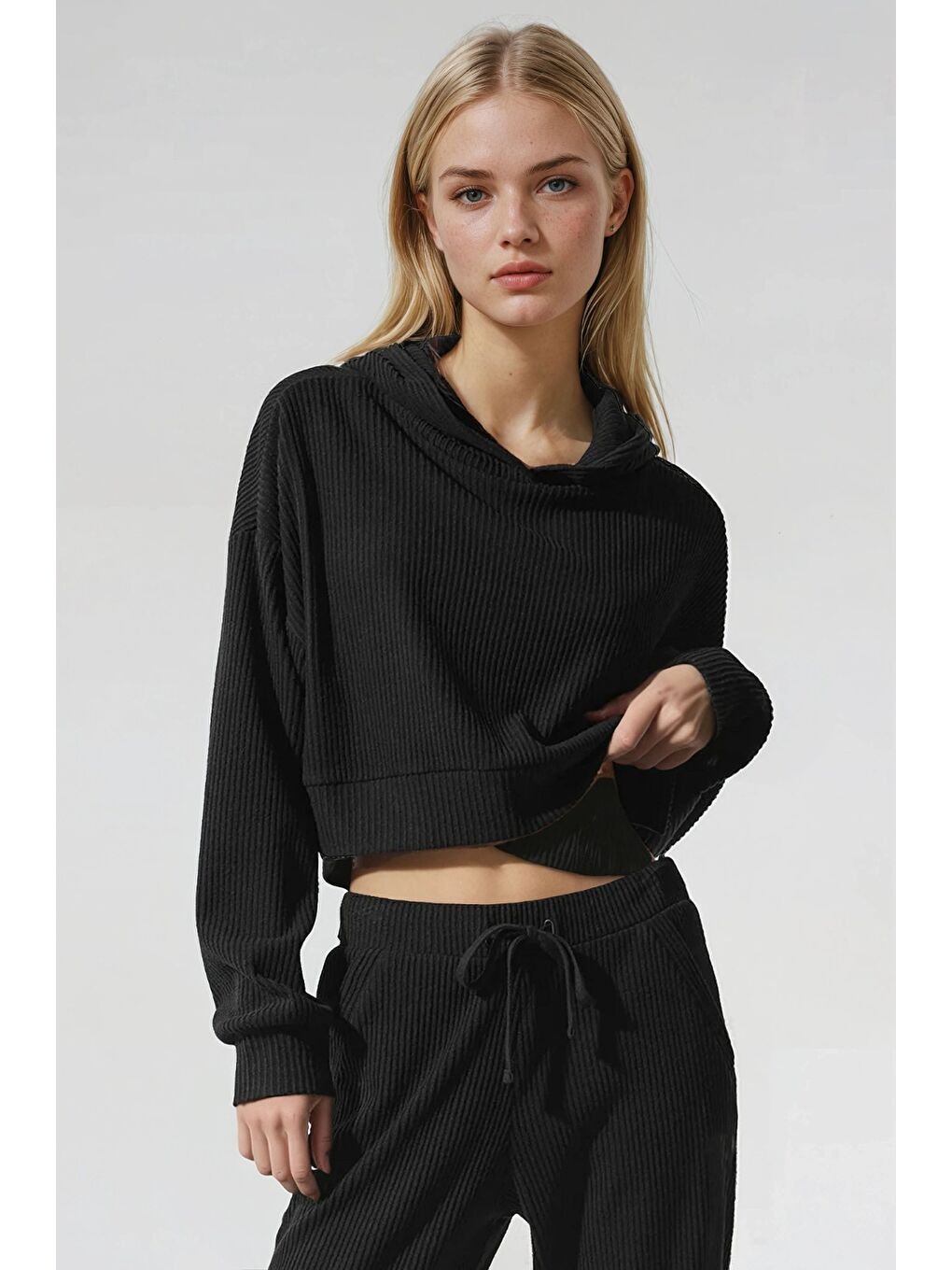 Siyah Modal Kumaş Ribana Detay Eşofman Takımı-3