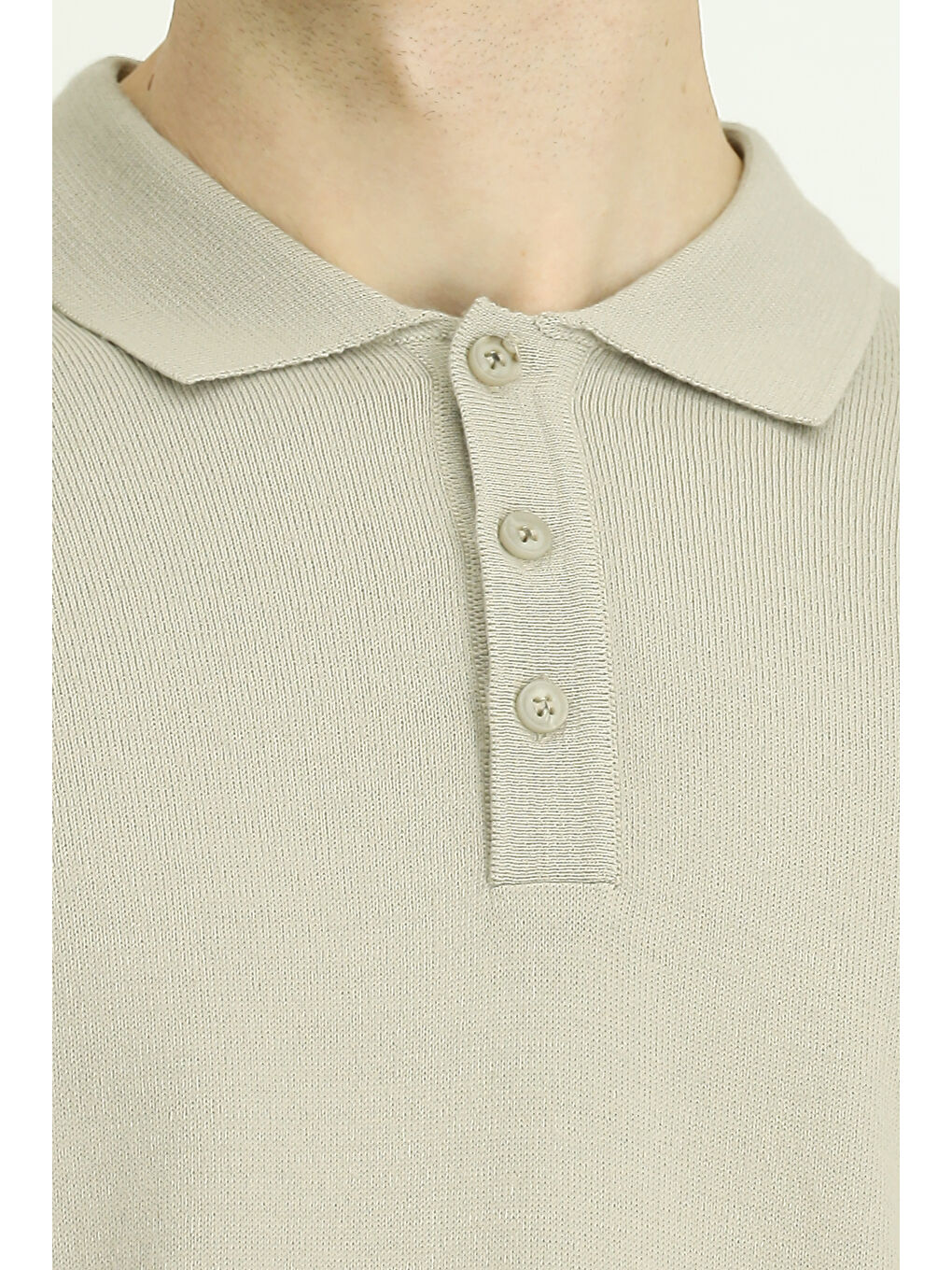 Bej Polo Yaka Düğmeli Regular Fit Sıcak Tutan Yünlü Triko Kazak-3