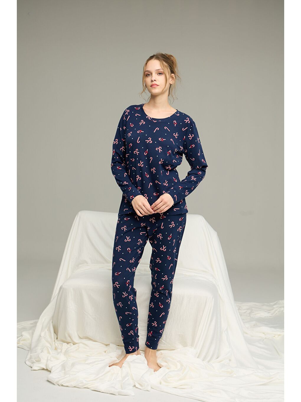 Lacivert Şeker Desenli Örme Pamuklu Pijama Takım25240239-1