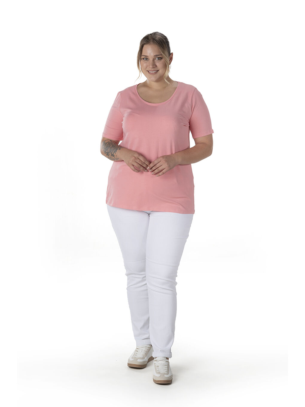 Pembe Büyük Beden Kısa Kol Basic T-shirt 10971529-4