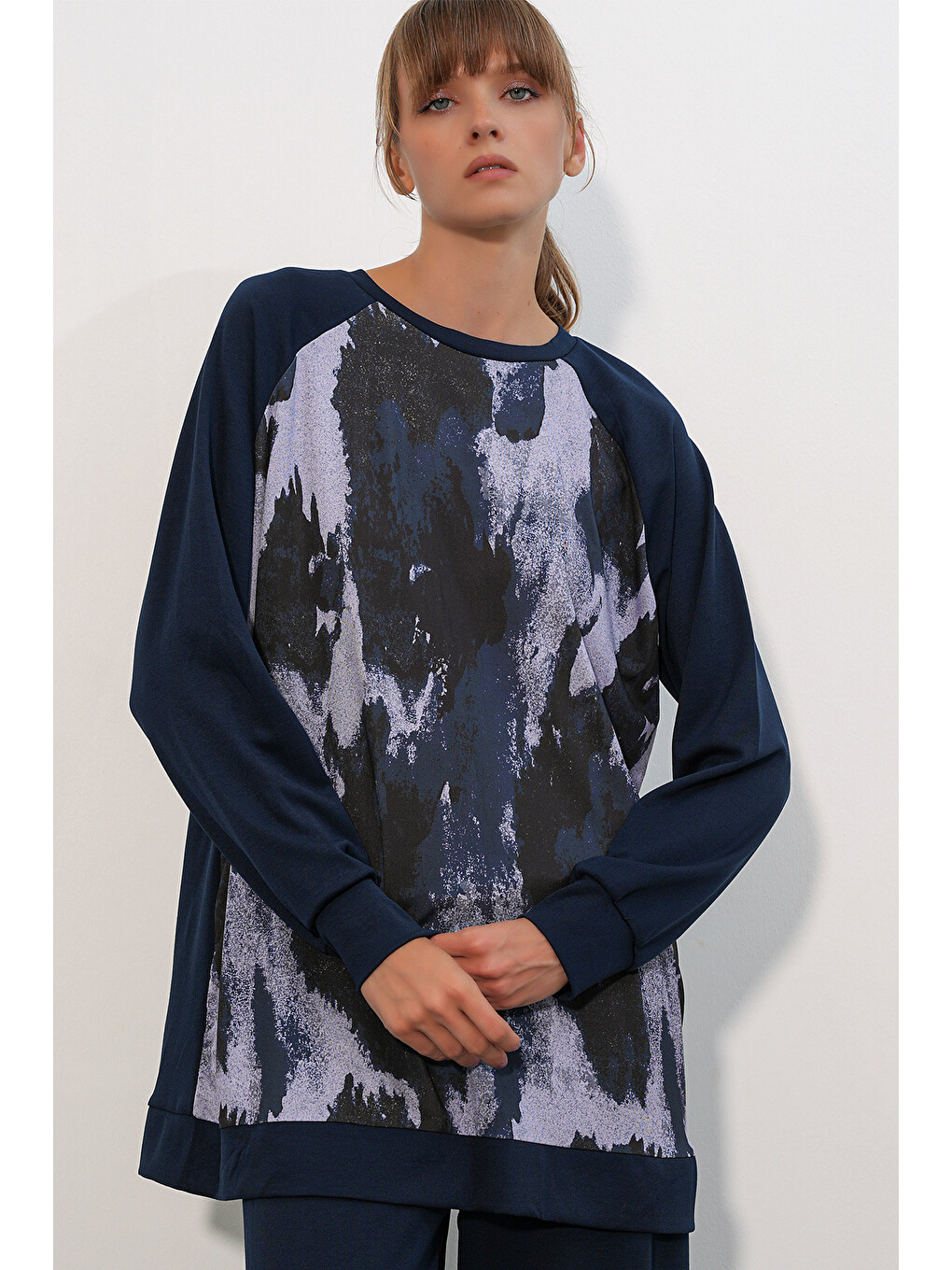 Kadın Desenli Oversize Tunik Pantolon İkili Takım 55462 - Lacivert-1