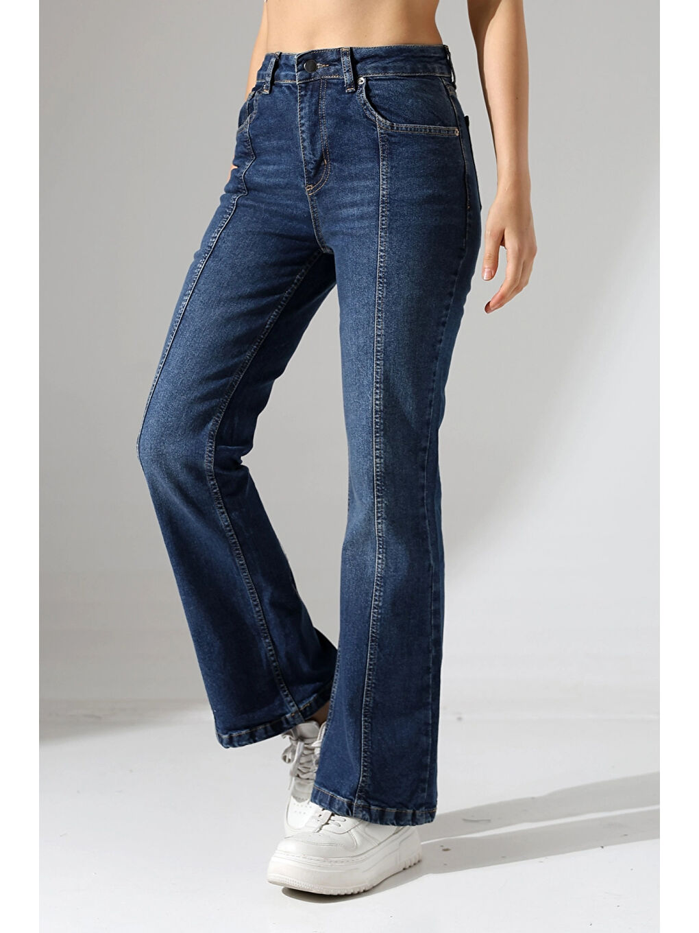 Lacivert Yüksek Bel İspanyol Paça Jean Pantolon-4