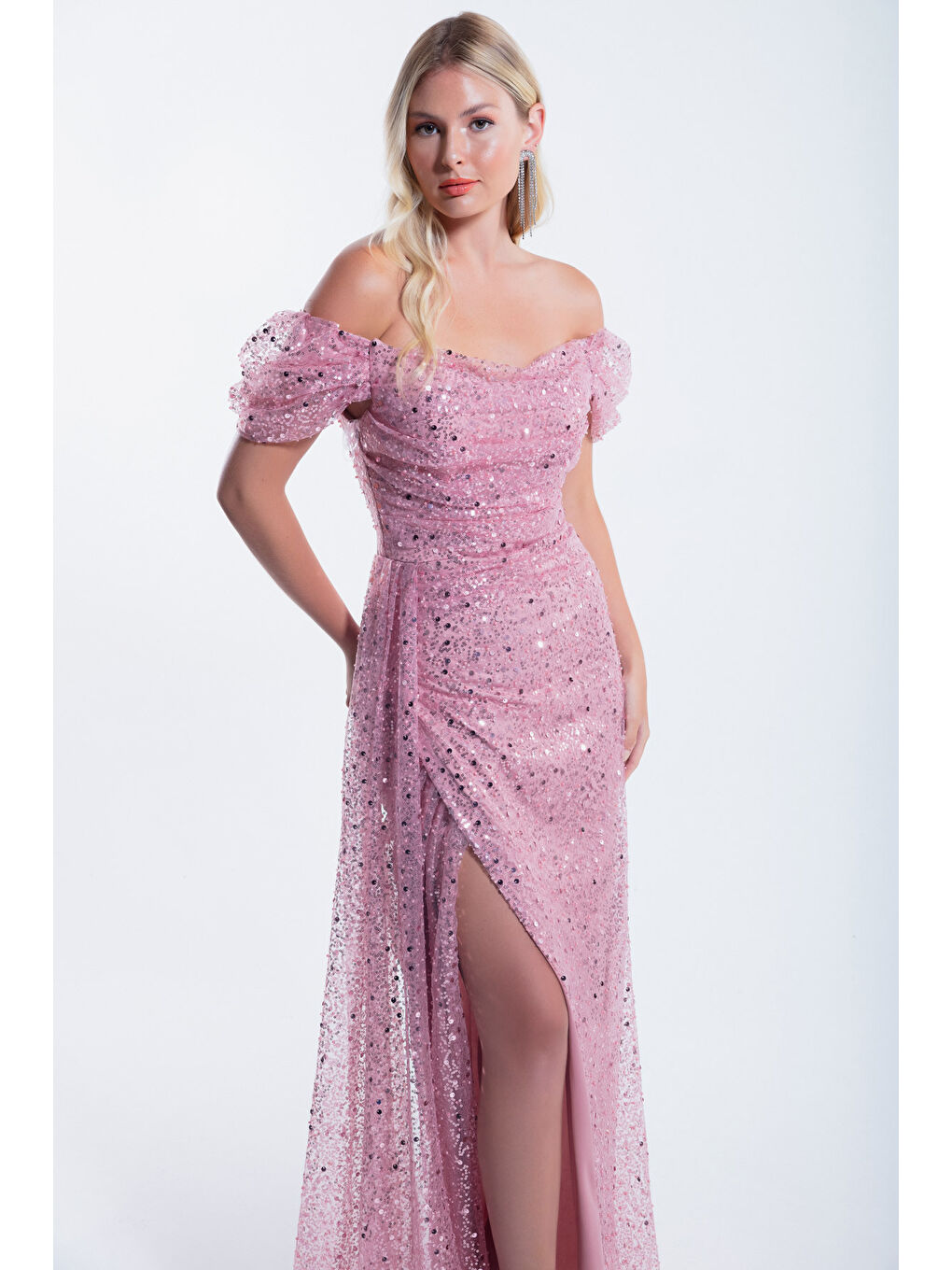 Pembe Kadın Pudra Kayık Yaka Kuyruklu Uzun Abiye Elbise-2