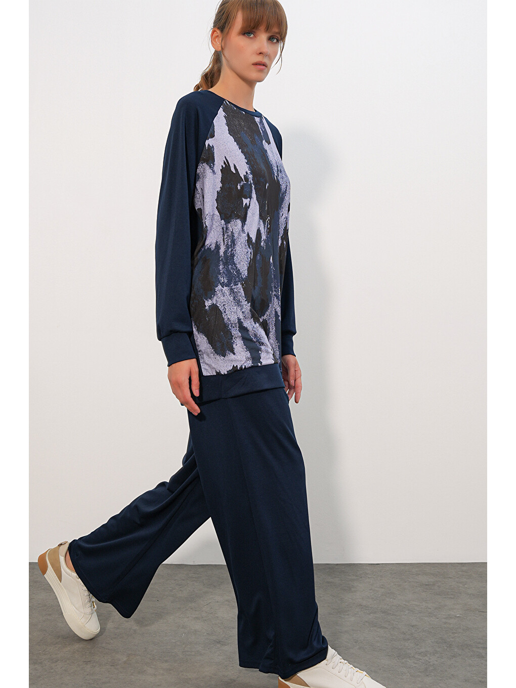 Kadın Desenli Oversize Tunik Pantolon İkili Takım 55462 - Lacivert-2