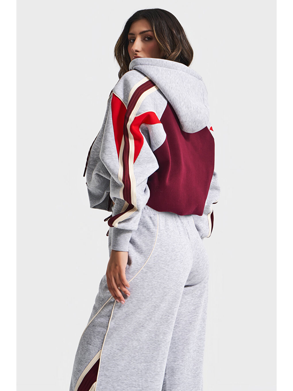 Kadın Gri Bordo Renk w5-107 Örme Kumaş Alt Üst 2'li Kombin Tasarım Eşofman Takım-2