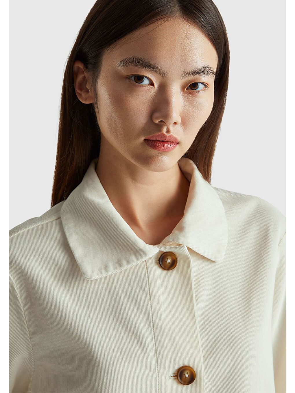 Ekru Kadın Krem %100 Pamuk Cepli Düğmeli Gömlek Yaka Ceket-5