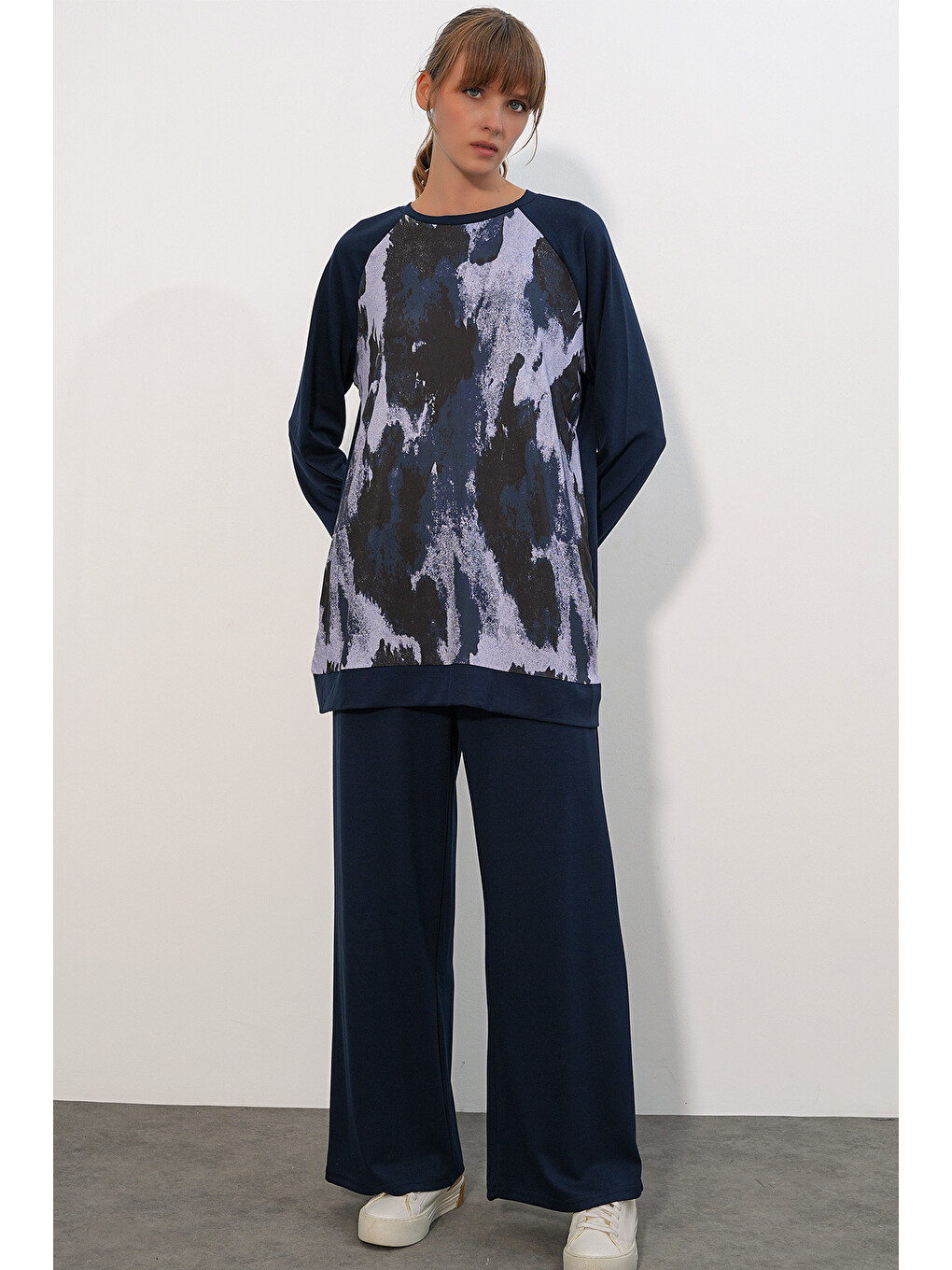Kadın Desenli Oversize Tunik Pantolon İkili Takım 55462 - Lacivert-3