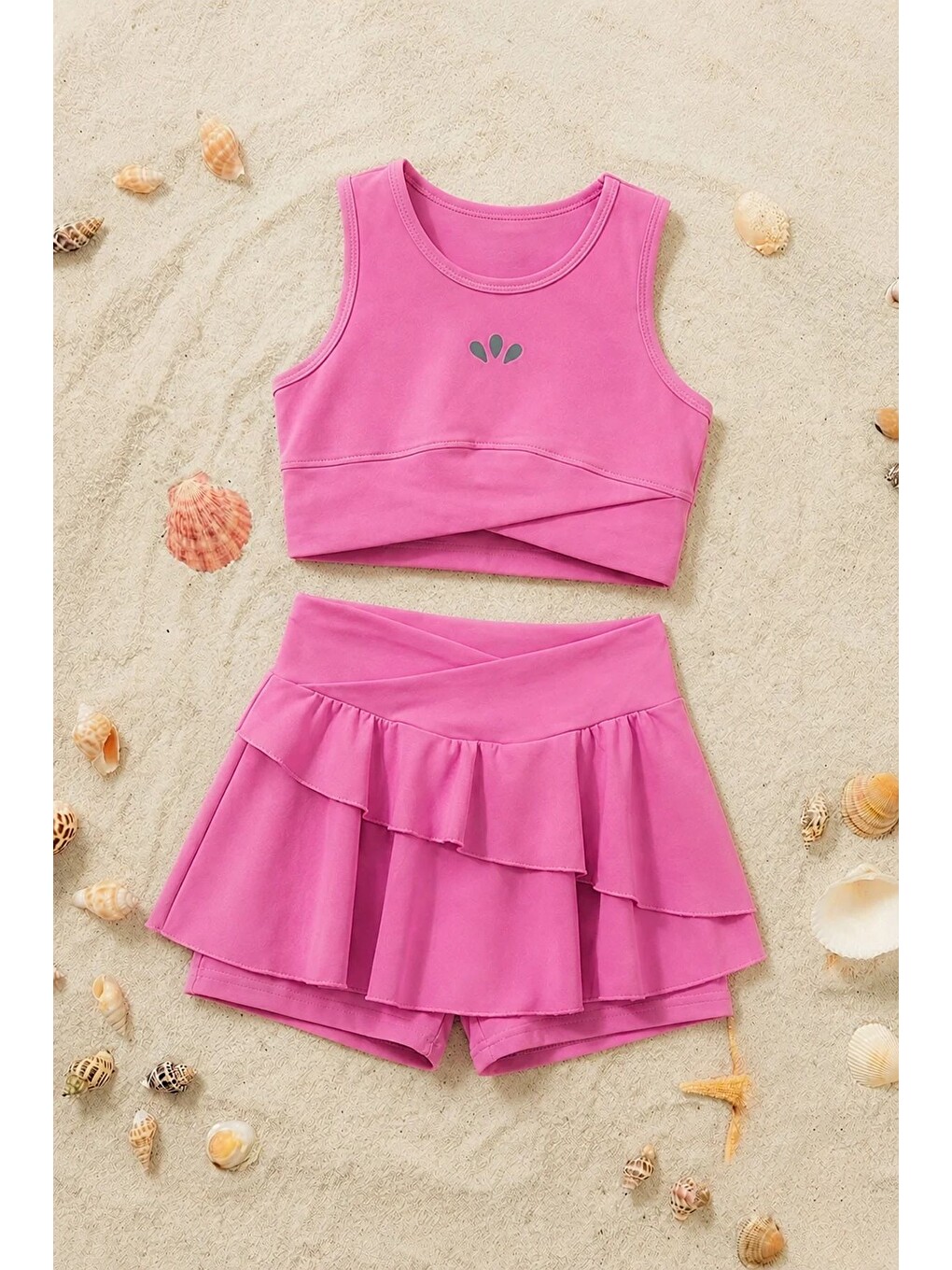 Pembe Kız Çocuk Sportif Pudra Renk Crop - Şort Etek Alt Üst - Takım-1